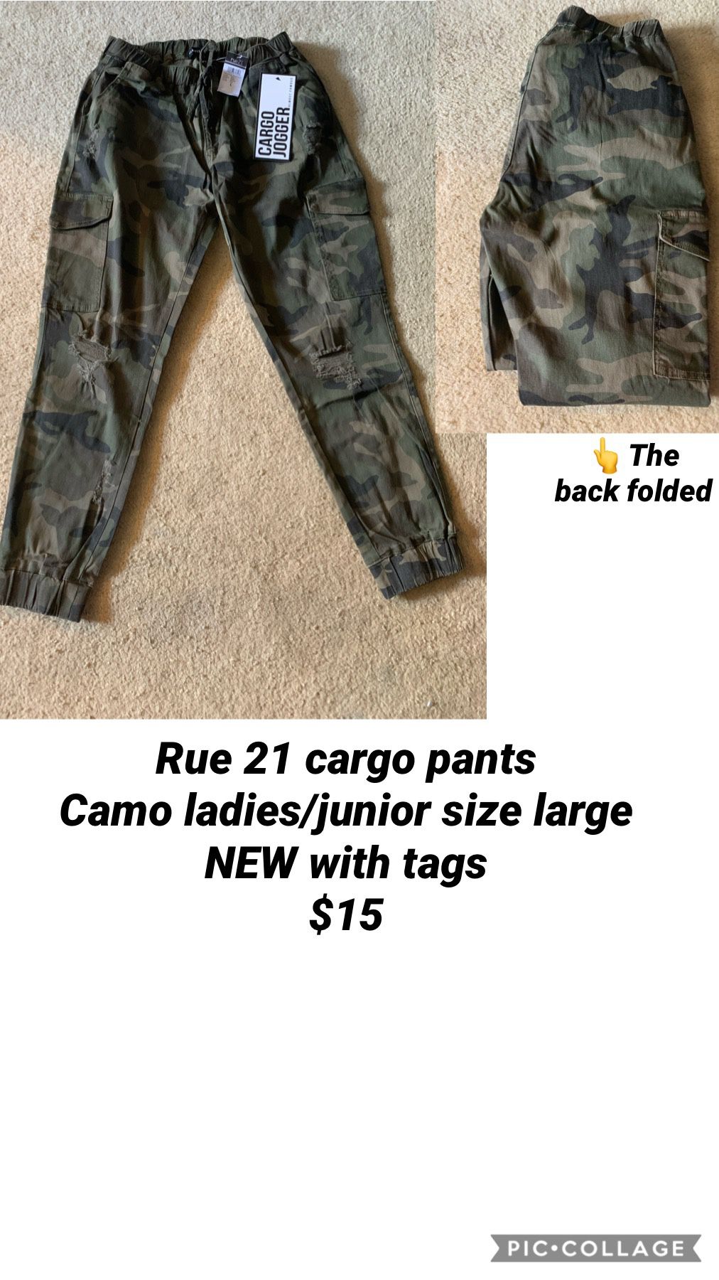 Rue 21 Ladies/junior large camo cargo pants NWT