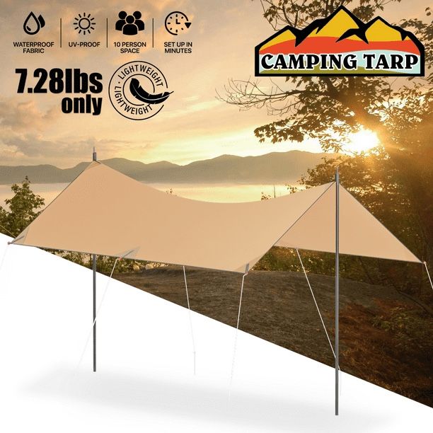 Hammock Rain Fly, 13x10FT Camping Tarp with Poles, Waterproof 10 Person Tent Tarp for Outdoor, Camping, Hiking, Picnic, Backpacking, Khaki