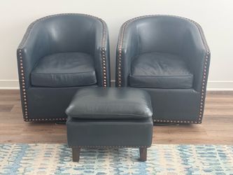 Blue Leather Swivel Club Chairs & Ottoman