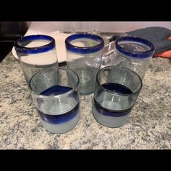 Set of 5 Mexican Handblown Blue Rim Glasses – Heavy Artisan Tumblers