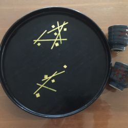MCM Japanese Laquer Tray W/ 3 Sake Cups 