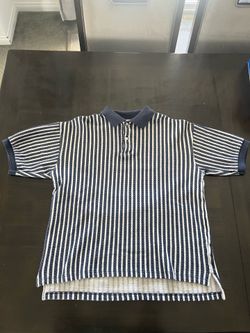 Pivot Rules Navy/White Striped Knit Cotton Short Sleeve Logo Golf Polo M