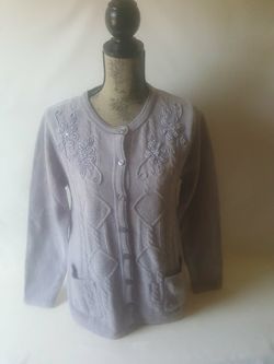 Jenny women's gray Floral Design cardigan sweater size S