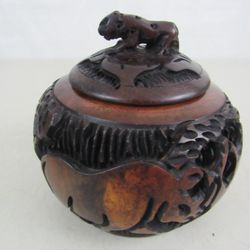 African Tribal Art Hand Carved Wood Bowl & Lid Elephant Rhino Buffalo
