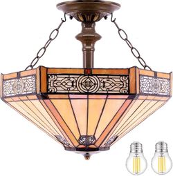 Tiffany Ceiling Light 16" Hexagon Stained Glass Semi Flush Mount Lamp DAMAGED