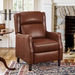 28 in. W Red Brown Genuine Leather Nailhead Trim Recliner 