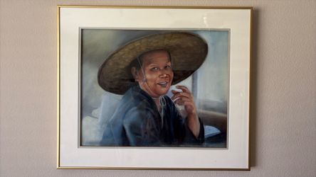 Framed Portrait Painting Woman in Wide Brim Hat