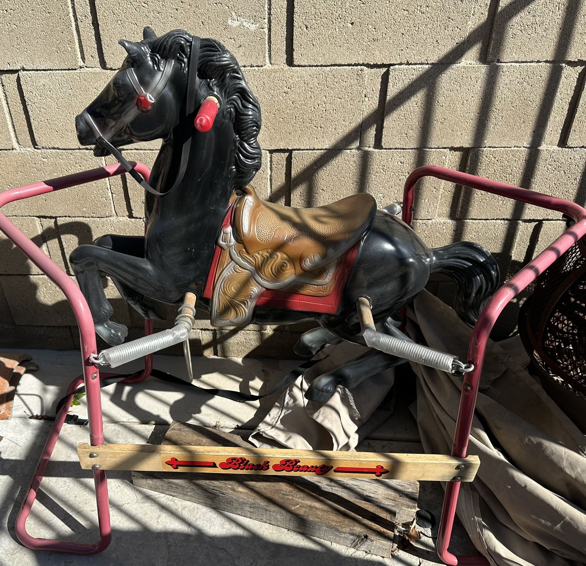 Vintage 1970s Black Beauty Kids Ride on Spring Rocking Horse