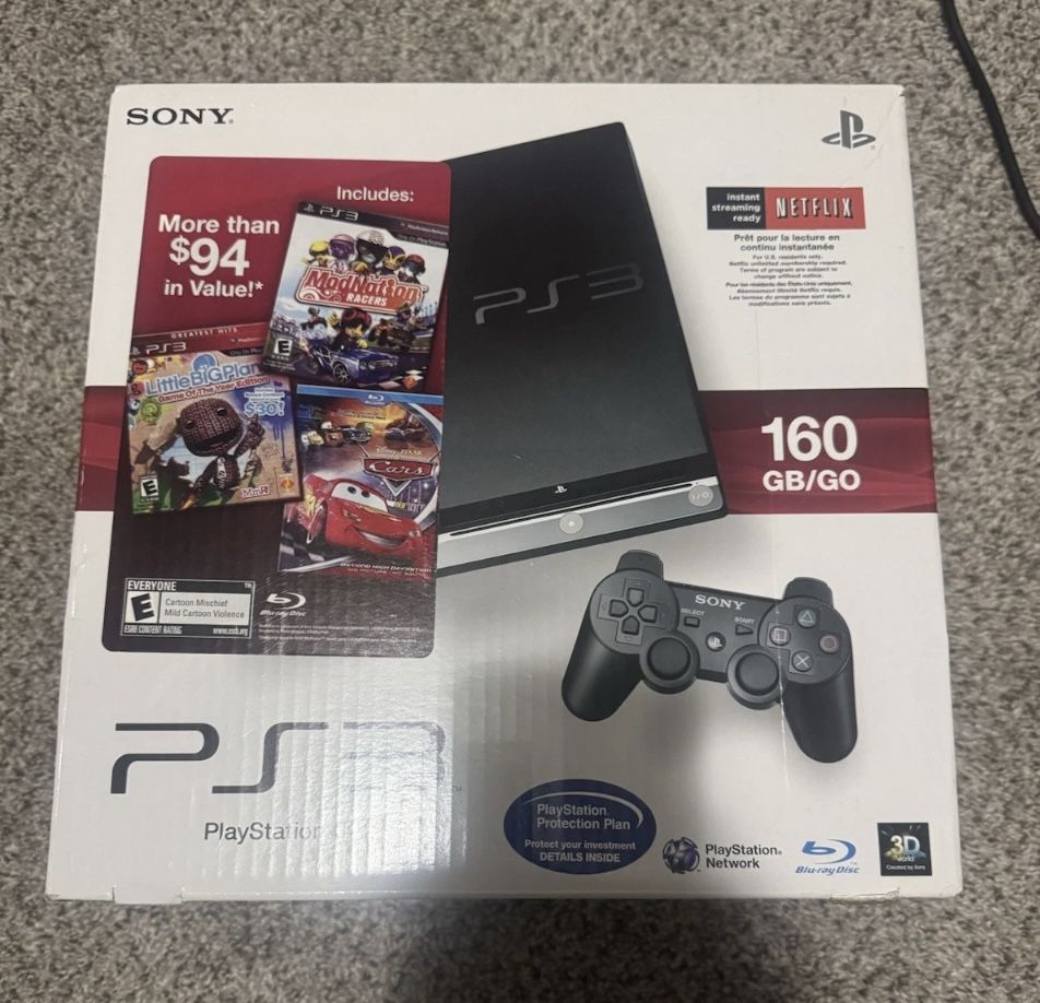 Sony PlayStation 3-PS3 Slim 160gb Console In Box-Black-With 1 3rd Party Controller