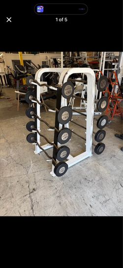 Hampton Barbells 20-65 with rack, curl bars, commercial gym equipment