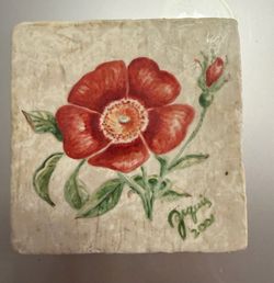 Hand-Painted Rose Stone Tile Wall Art (2001) - 14.5 x 14.5 cm