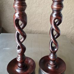 2 Antique Barley Twist Woiden Candle Holders 12" X4.5" each Brown  Victorian Style