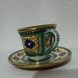 ITALIAN MOSAIC SAMBUCO MARIO ART - LAVORATO A MANO SAUCER AND ESPRESSO CUP SET - B63