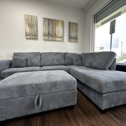 Gray Corduroy Sectional Sofa & Ottoman W/ USB Ports 