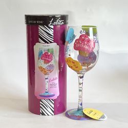 Lolita Hand Painted Wine Glass 15oz “Cupcake” New In Box