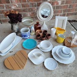 Misc Items, Including Wicker Mirror, White And Blue Vase, Silvery Pitcher,  Etc