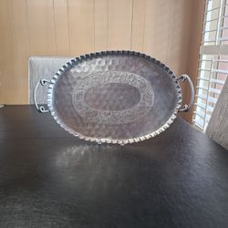 Vintage Hammered Aluminum Serving Tray With Handles