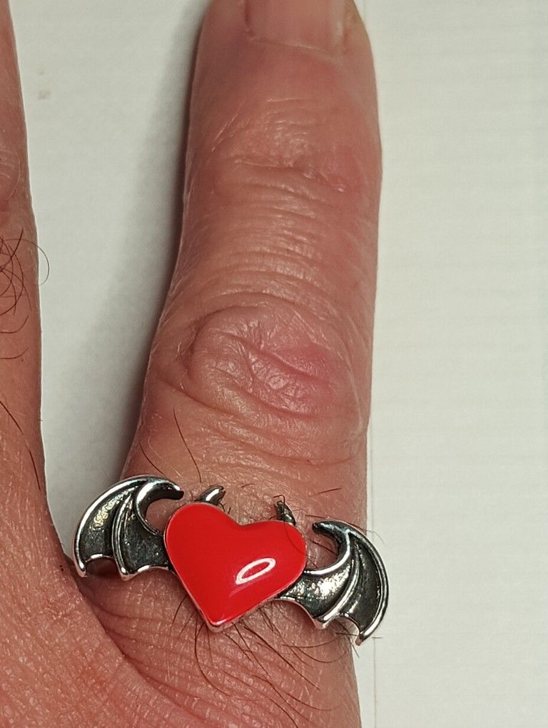 Gothic Red Enamel Heart Ring With Batwings