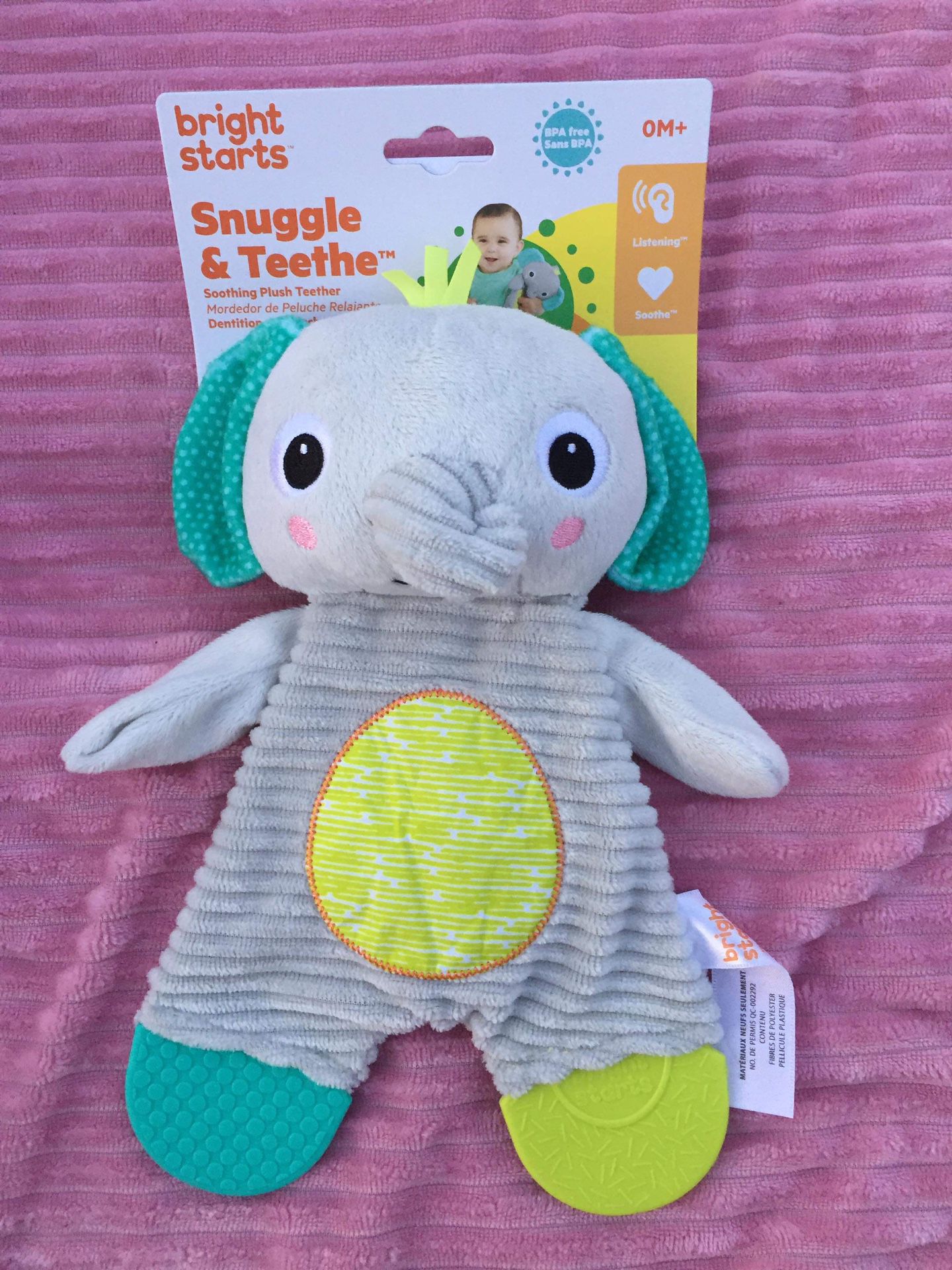 Bright Starts Snuggle & Teethe Gray Elephant Teething Toy Crinkle Lovey new