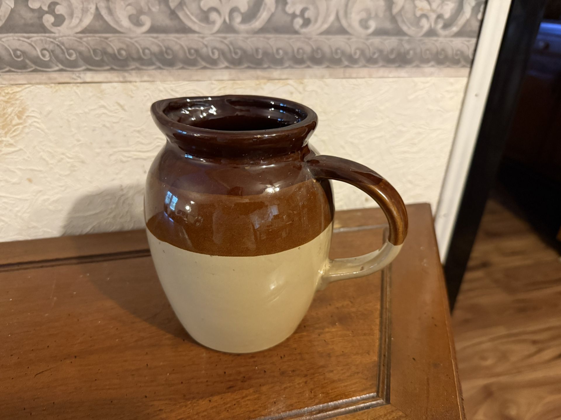 Vintage Two Tone Brown Stoneware Pitcher 6.5”