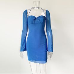 Women's Long Sleeve Mini Bodycon Mesh Dress 