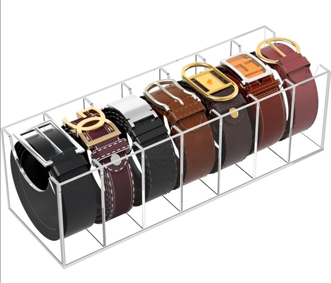 Belt Organizer, Acrylic Belt Storage Holder for The Closet, 7 Compartments Display Case for Tie and Bow Tie
