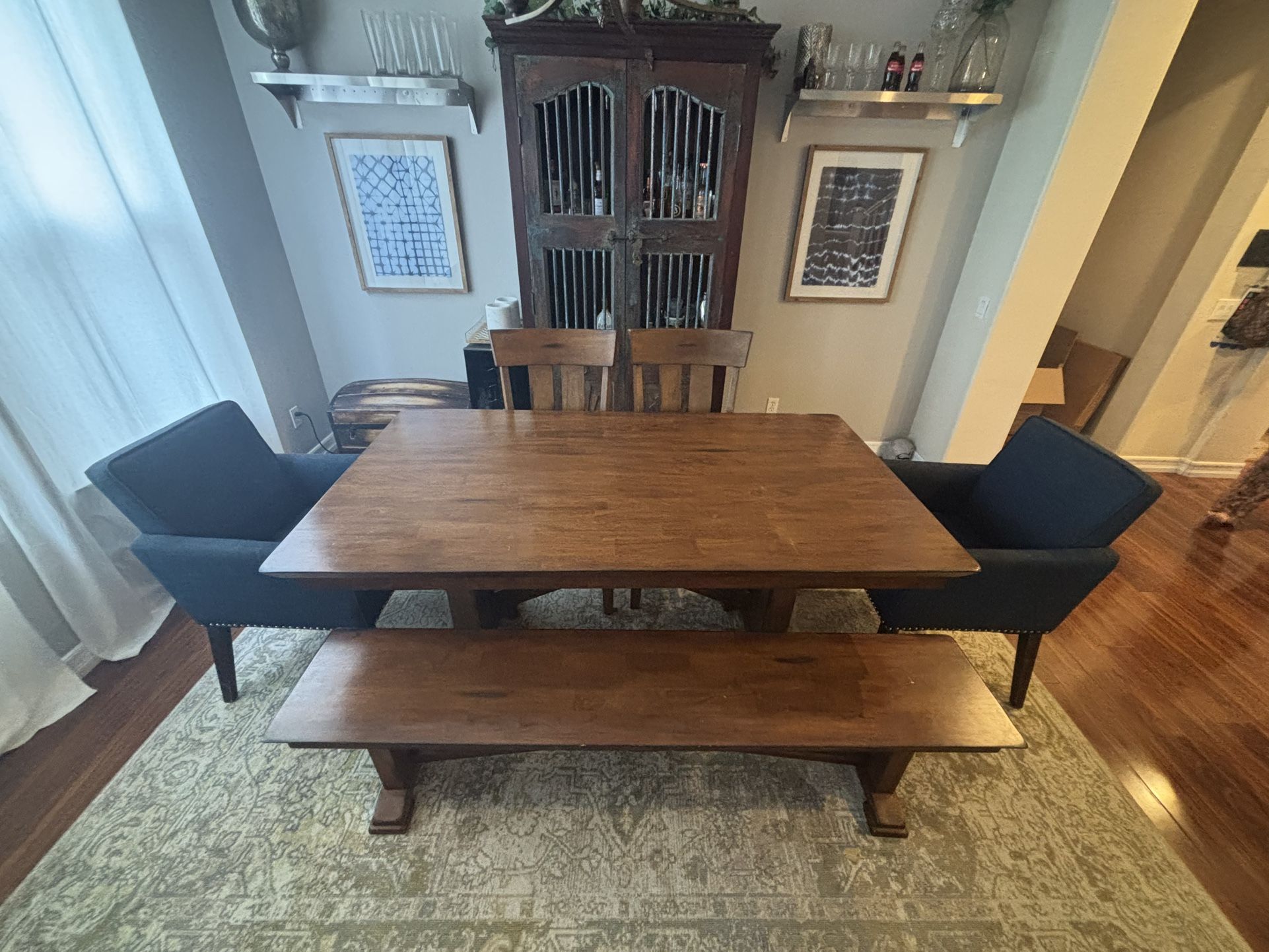 Beautiful World Market Solid Wood Dining Table Set with Bench and Armchairs