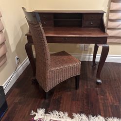 Solid Wood Writing Desk And Wicker Chair