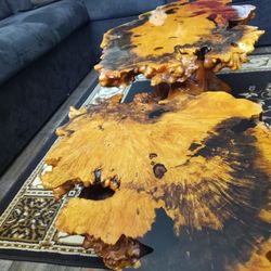 Vintage, Rustic Live Edge Buckeye Burlwood Coffee Table And Wall Clock Set