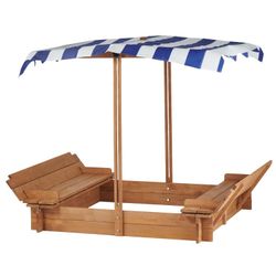 Kids Sandbox with Adjustable Cover, 46'' Wooden Sand Box with 2 Foldable Bench Seats, Outdoor Sandpit for Backyard Play