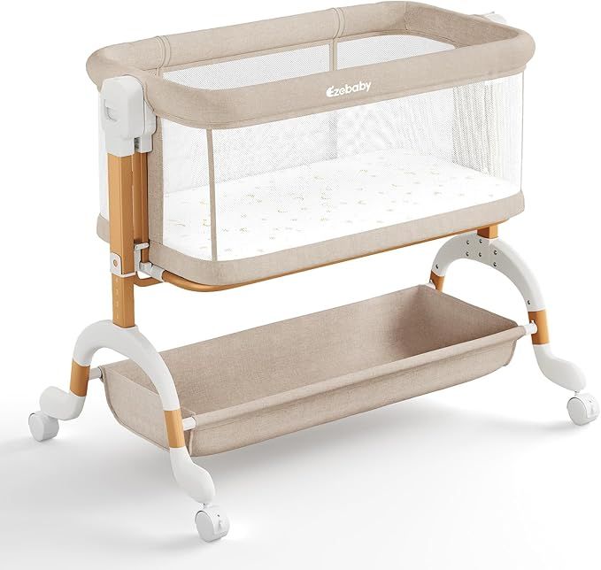 Ezebaby 3 in 1 Baby Bassinet, Full Mesh Sides Rocking Bassinet for Baby, 7 Height Adjustbale Bedside Sleeper with Comfy Mattress, Portable Crib for Ne