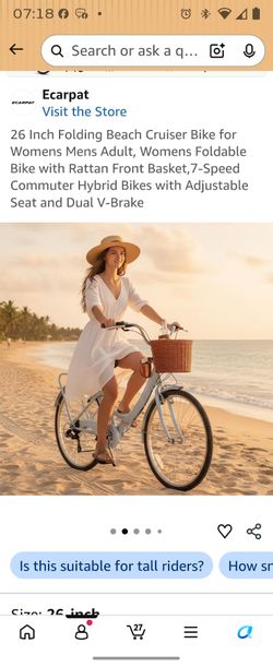 26 Inch Folding Beach Cruiser Bike for Womens Mens Adult, Womens Foldable Bike with Rattan Front Basket,7-Speed Commuter Hybrid Bikes with Adjustable 