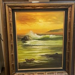 Vintage Framed Signed Painting With Seascape & Crashing Waves