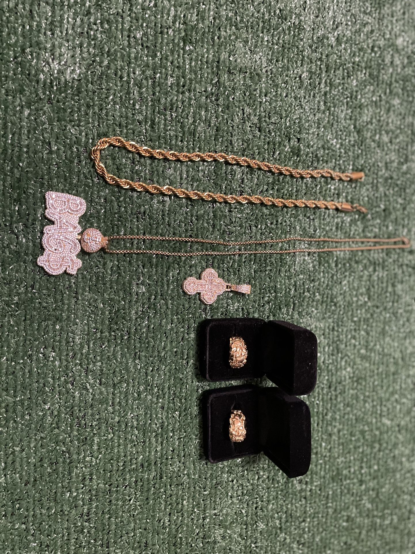 Diamond Pendant CZ Heavy Pendant W/ Chain , Nugget Rings , Cross Pendant , Rope Chain Gold 