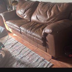 Camel Tan Leather Overstuffed Sofa Set