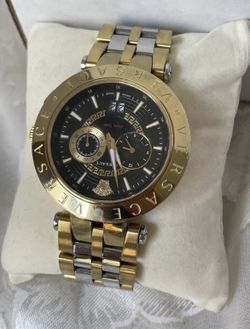 Versace Goldtone Sapphire Crystal Dual Time Watch Working New Unoriginal Crown