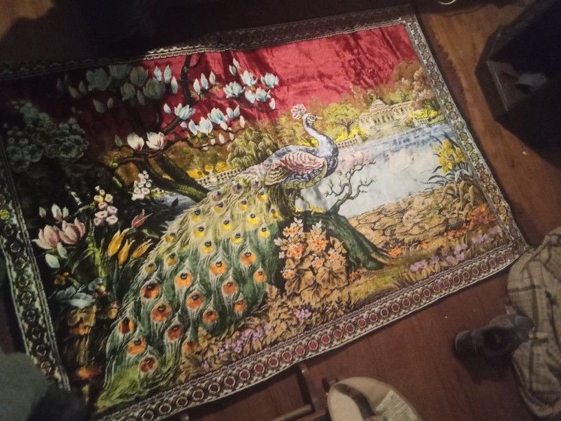 VintageItalian Imported velvet Peacock Tapestry Wall Rug