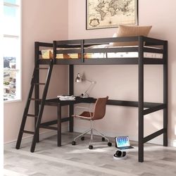 Twin Size Loft Bed With Desk Wood No Mattress New 