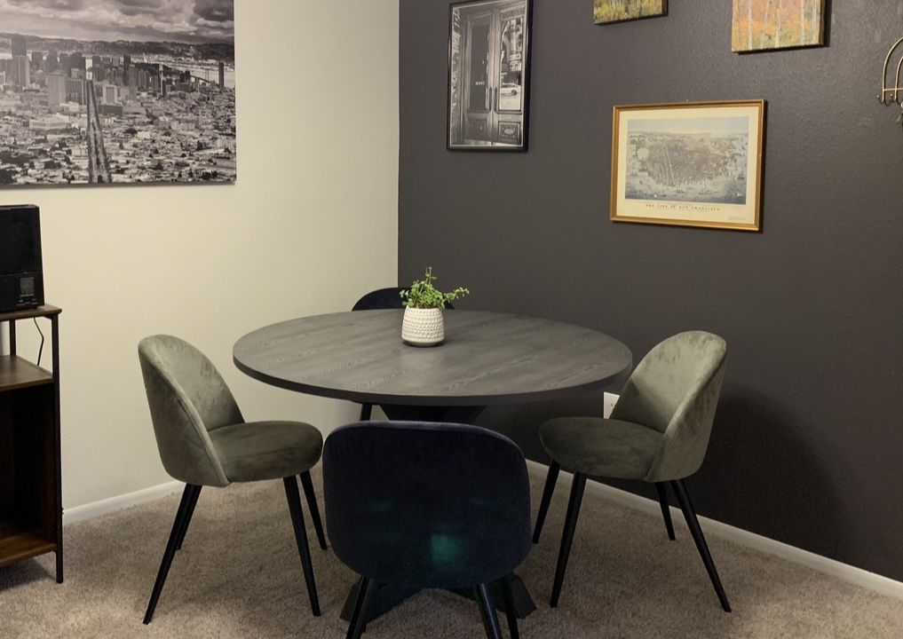 Solid Wood Gray Round Table With Mid Century Chairs 