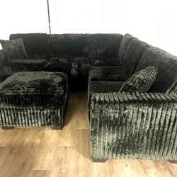 Black Sectional With Ottoman - Soft Fur Like Fabric