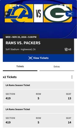 2x LA Rams vs Packers NFL Tickets