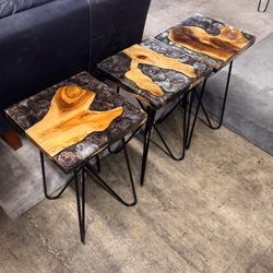 Purple / Sliver Shell Resin and Wood End Table 