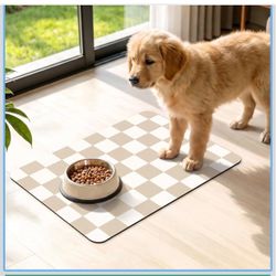 Checkered Absorbent Dog Food Mat, Cat Feeding Mat 24" x 16" Beige