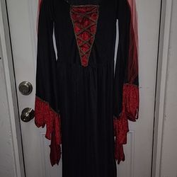 Queen Lady Vampire Adult, Long Black Dress, Red Velvet, Shiney Gold Collar. Size Large, very nice