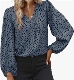 NEW Blue Leopard Print V-Neck Balloon Sleeve Blouse