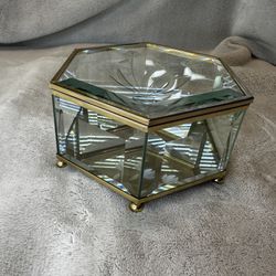 Vintage Brass & Glass Beveled Diamond Pattern Mirrored Bottom Trinket Box