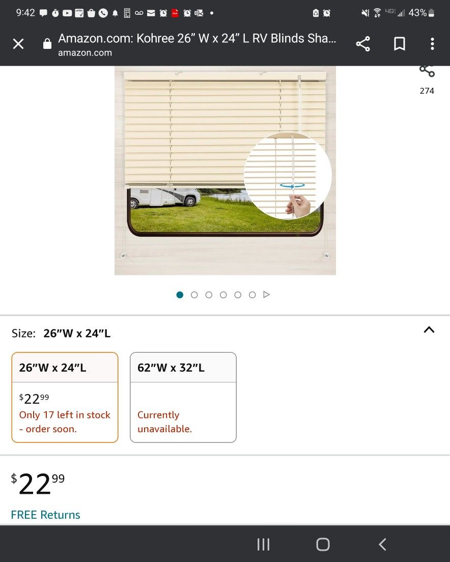 Kohree 26” W x 24” L RV Blinds Shades