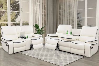 White leather fully reclining couch and love seat