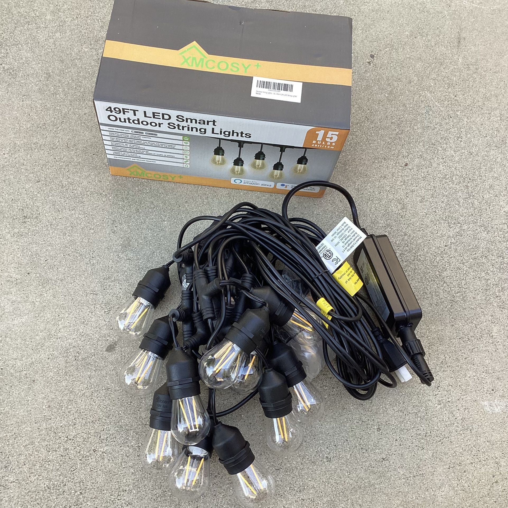 49Ft Smart Patio Lights LED String Lights, 15 Dimmable Edison Shatterproof Bulbs, WiFi Control, Work with Alexa, Waterproof String Lights for Outside