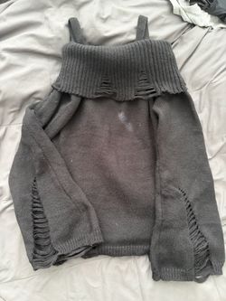 Gray Distressed Knit Off-Shoulder Sweater